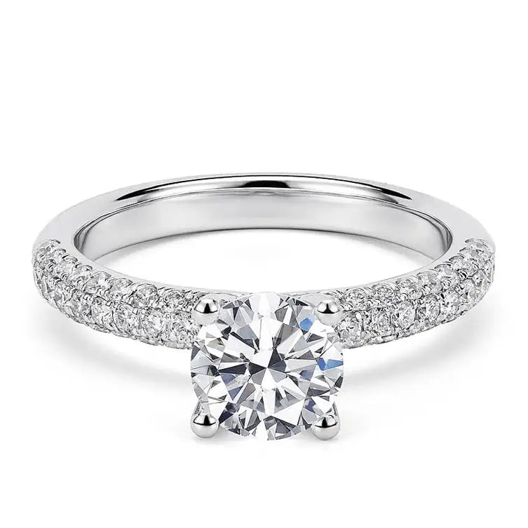 LeCaine Round Moissanite with Micro Pave Band Ring in 18K White gold - LeCaine Gems