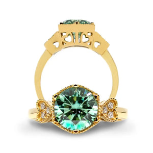 Linnet Round Mint Green Moissanite with Side Stones and Milgrain Detail Ring in 18K gold - LeCaine Gems