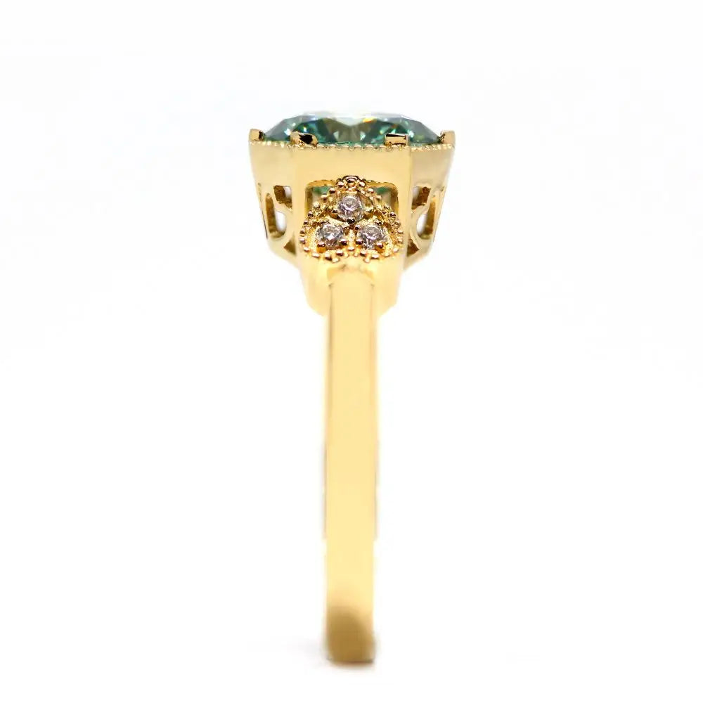 Linnet Round Mint Green Moissanite with Side Stones and Milgrain Detail Ring in 18K gold - LeCaine Gems