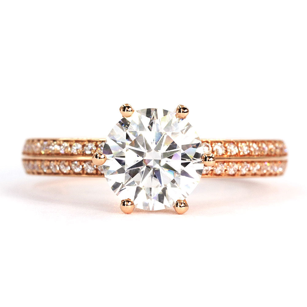 Lisa Round Moissanite in 6 Prong Setting with Double Pave Band Ring in 18K gold - LeCaine Gems