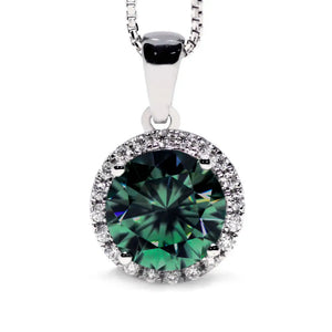 Lucca Round Forest Green Moissanite with Halo Pendant in 18K gold - LeCaine Gems
