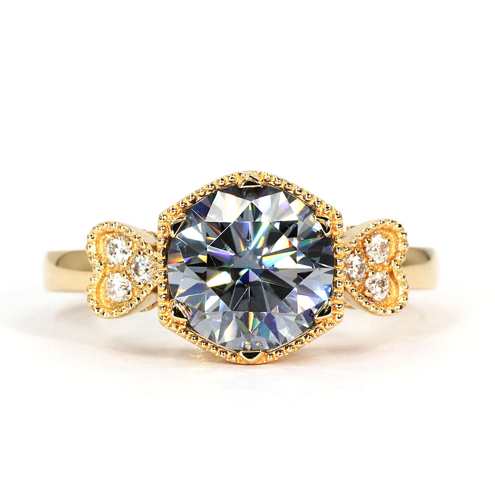 Lyn Round Grey Moissanite with Side Stones and Milgrain Detail Ring in 18K gold - LeCaine Gems