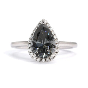 Maia Pear Grey Blue Moissanite Halo Ring in 18K Gold - LeCaine Gems