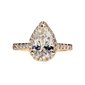 Maisyn Pear Moissanite with Halo in Pave Band Ring in 18K gold - LeCaine Gems