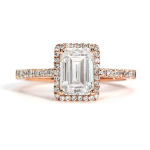 Mandy Emerald Moissanite with Halo in Pave Band Ring in 18K gold - LeCaine Gems
