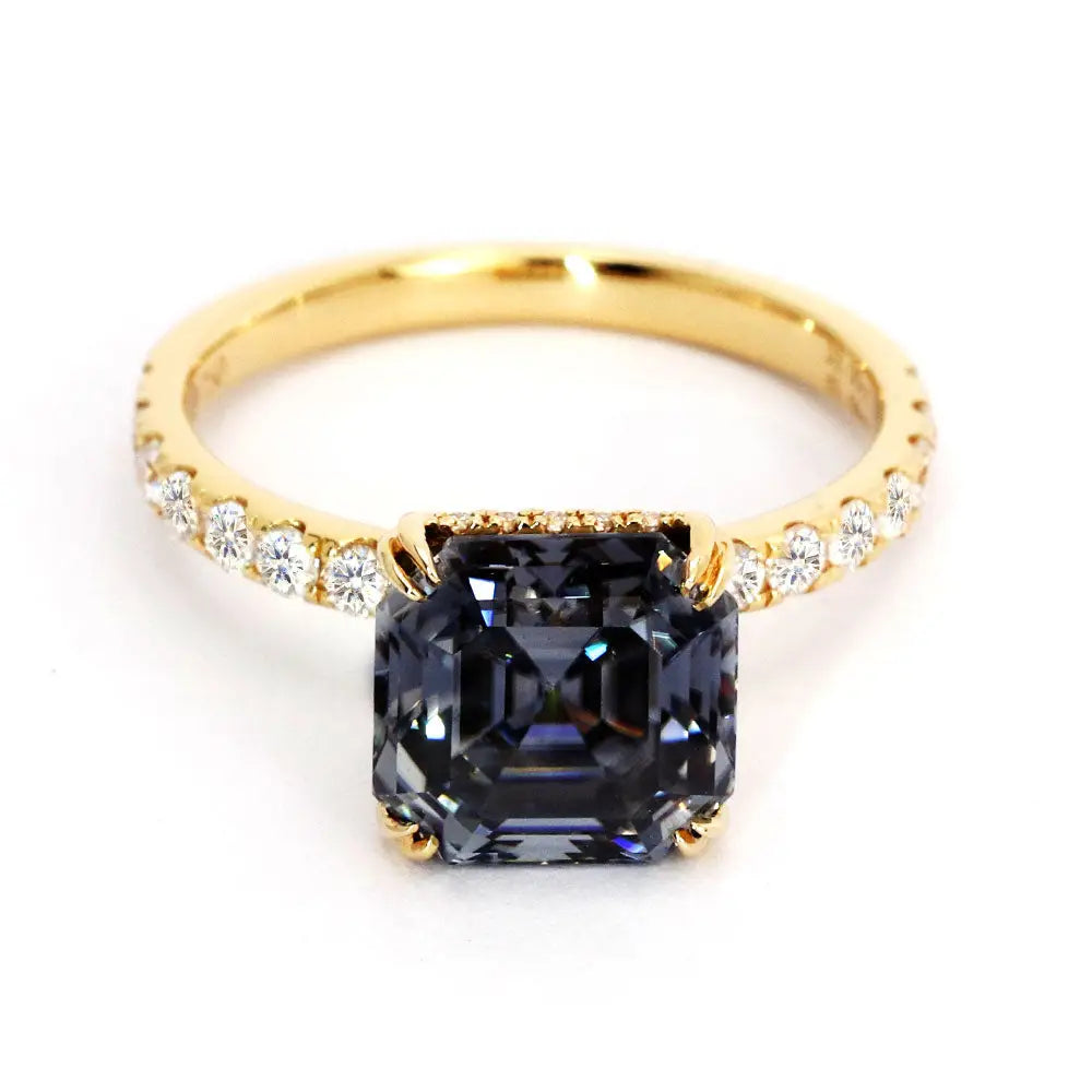 Marlow Asscher Grey Blue Moissanite with Pave Band Ring in 18K Gold - LeCaine Gems