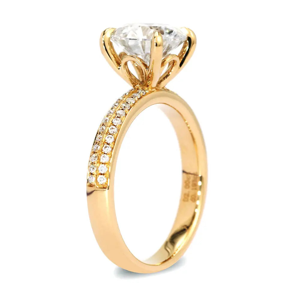 Melissa Round Moissanite in 4 Prong Setting with Double Pave Band Ring in 18K gold - LeCaine Gems