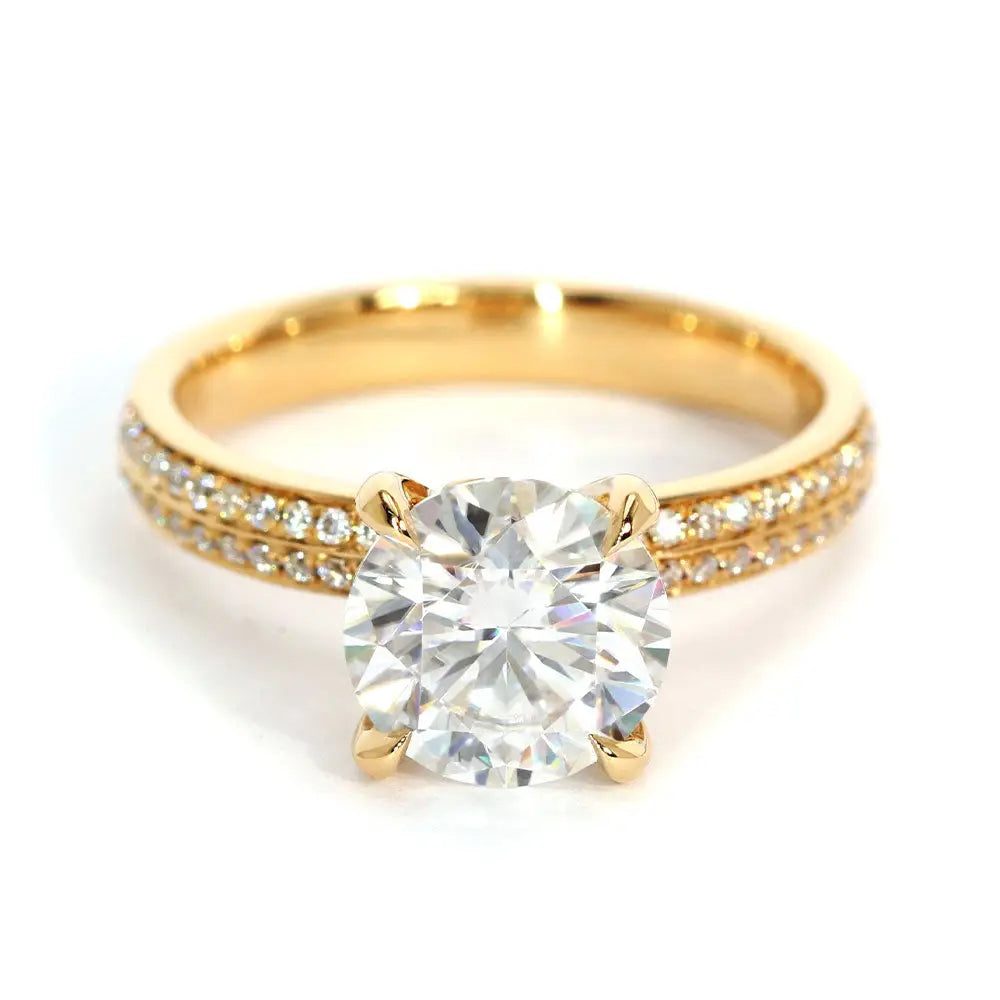 Melissa Round Moissanite in 4 Prong Setting with Double Pave Band Ring in 18K gold - LeCaine Gems