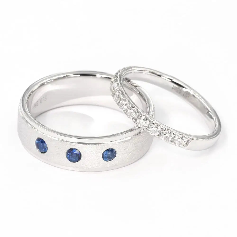 Melrose Moissanite and Blue Sapphire Wedding Rings in 18K gold - LeCaine Gems