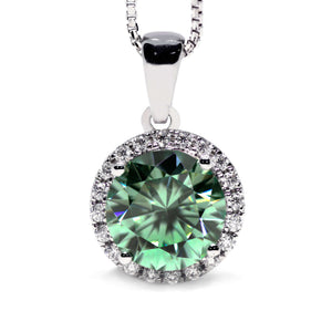 Mera Round Light Green Moissanite with Halo Pendant in 18K gold - LeCaine Gems