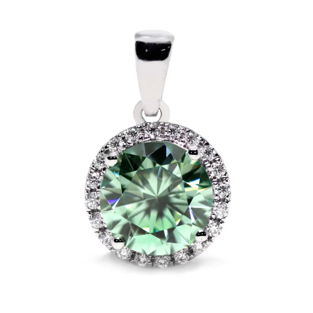 Mera Round Mint Green Moissanite with Halo Pendant in 18K gold - LeCaine Gems