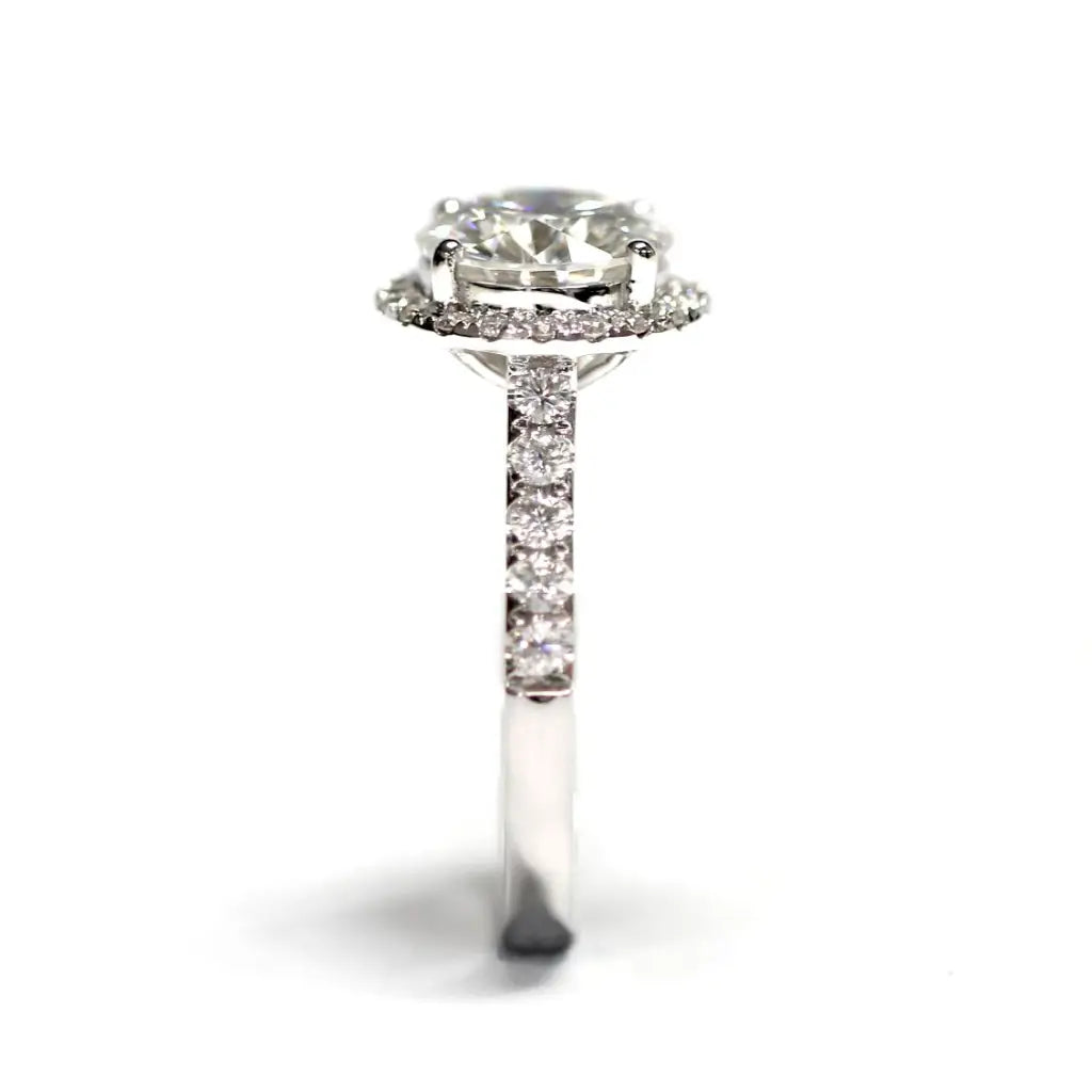 Mera Round Moissanite with Halo in Pave Band Ring in 18K gold - LeCaine Gems