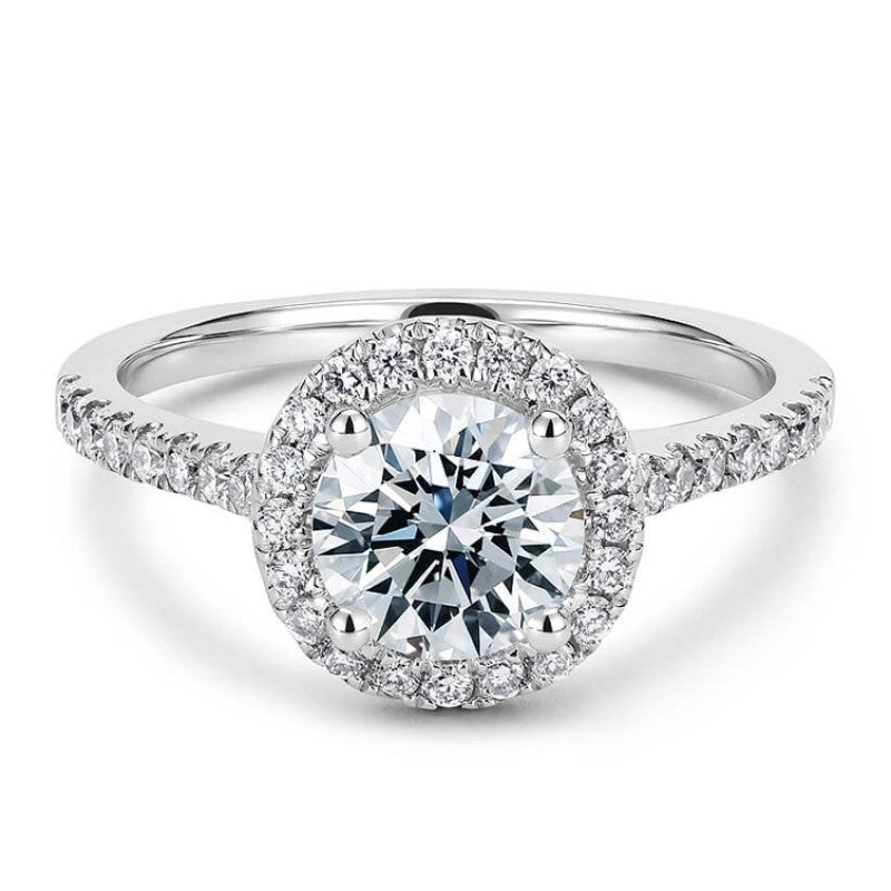 Mera Round Moissanite with Halo Ring in 18K White gold - LeCaine Gems