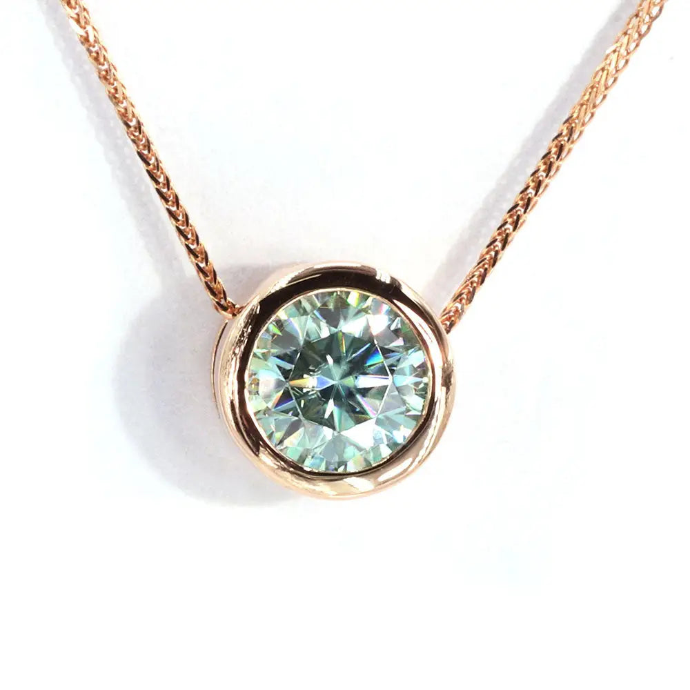 MINT GREEN MOISSANITE ROUND SOLITAIRE BEZEL 18K GOLD NECKLACE - LeCaine Gems