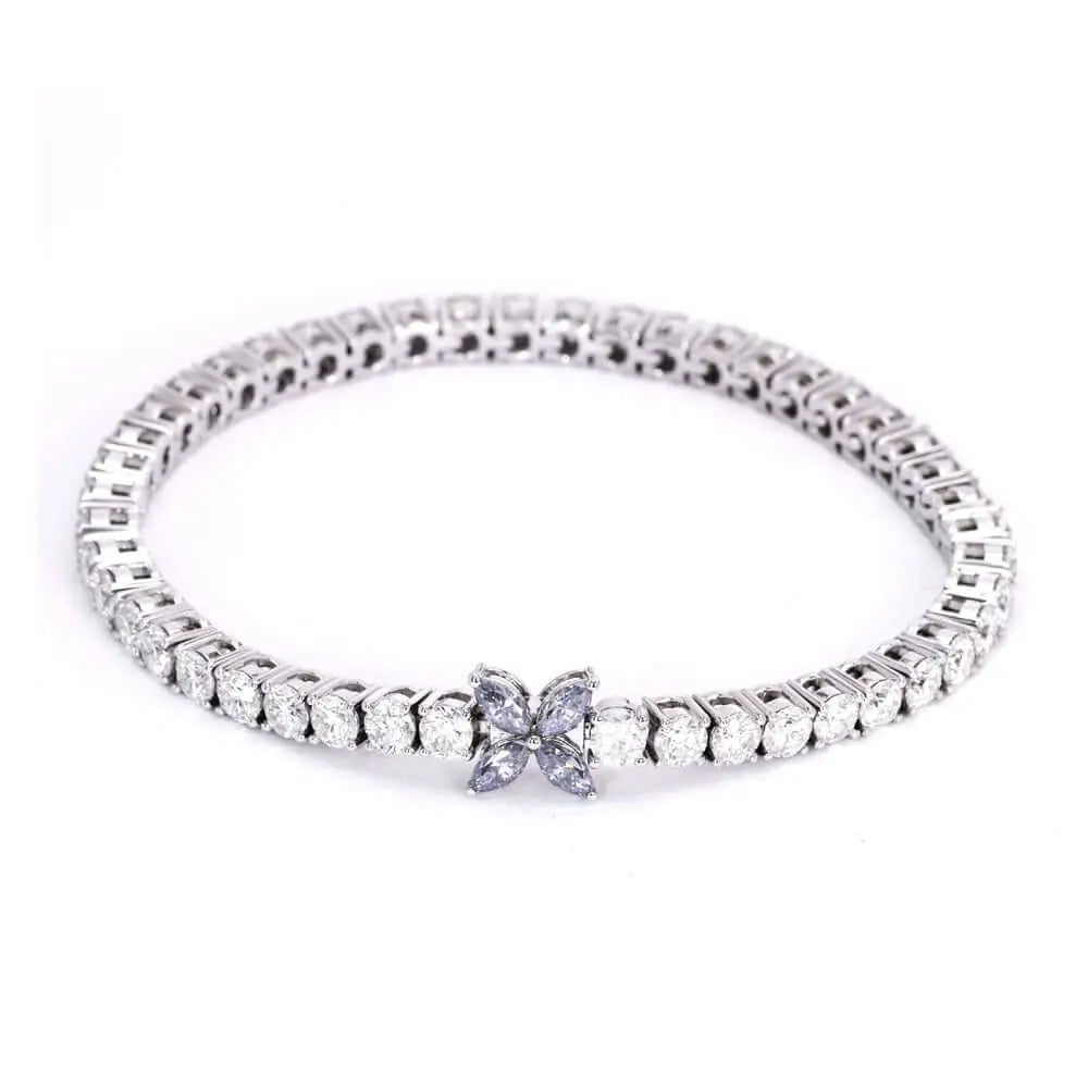 Hydrangea Round Moissanite with Marquise Grey Blue Moissanite Accent Tennis Bracelet in 18K Gold - LeCaine Gems