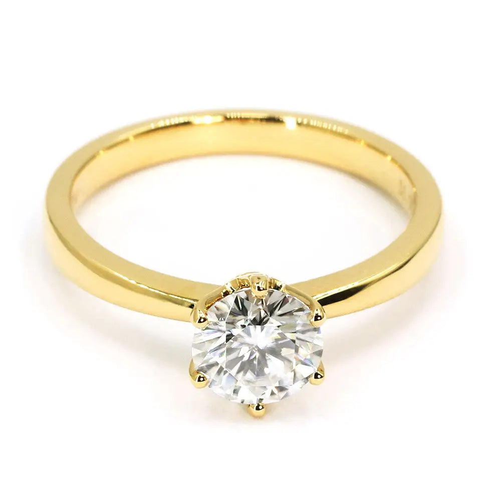 Niki Round Moissanite Solitaire with 6 Prong Setting Ring in 18K Yellow gold - LeCaine Gems