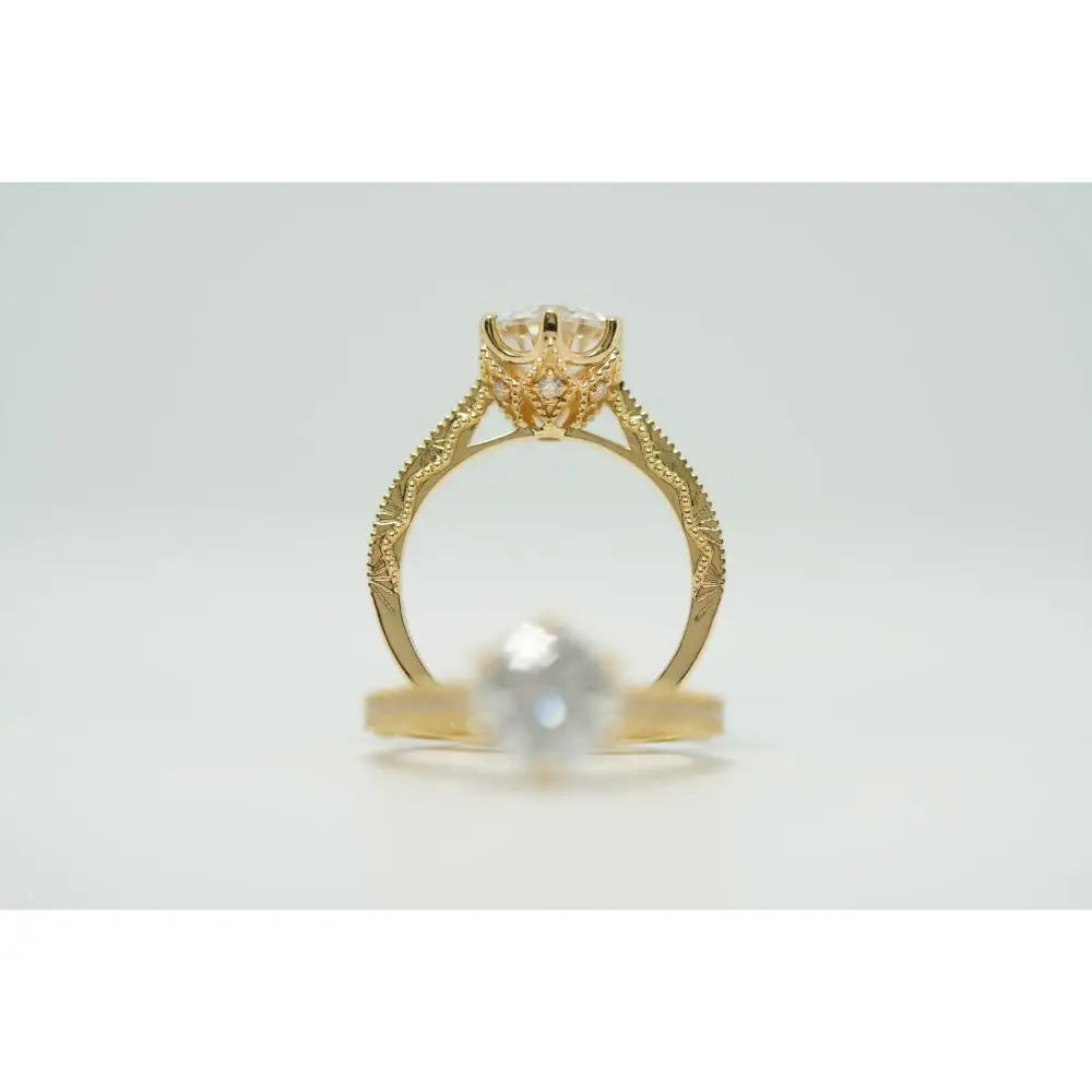 Nikola Round Moissanite Milgrain Detailed with Decorative Band Ring in 18K gold - LeCaine Gems