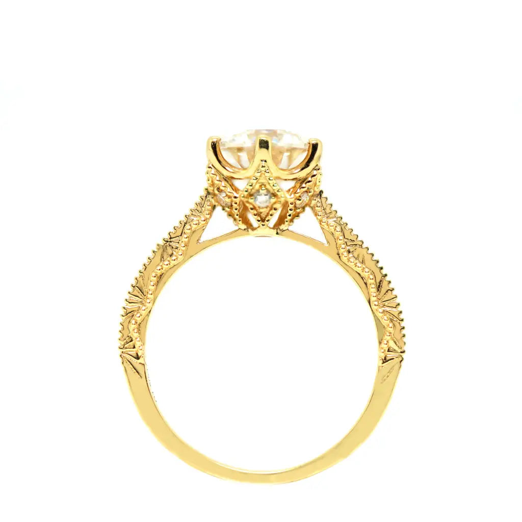 Nikola Round Moissanite Milgrain Detailed with Decorative Band Ring in 18K gold - LeCaine Gems