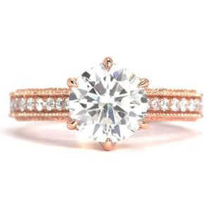 Nikola Round Moissanite Milgrain Detailed with Decorative Band Ring in 18K gold - LeCaine Gems