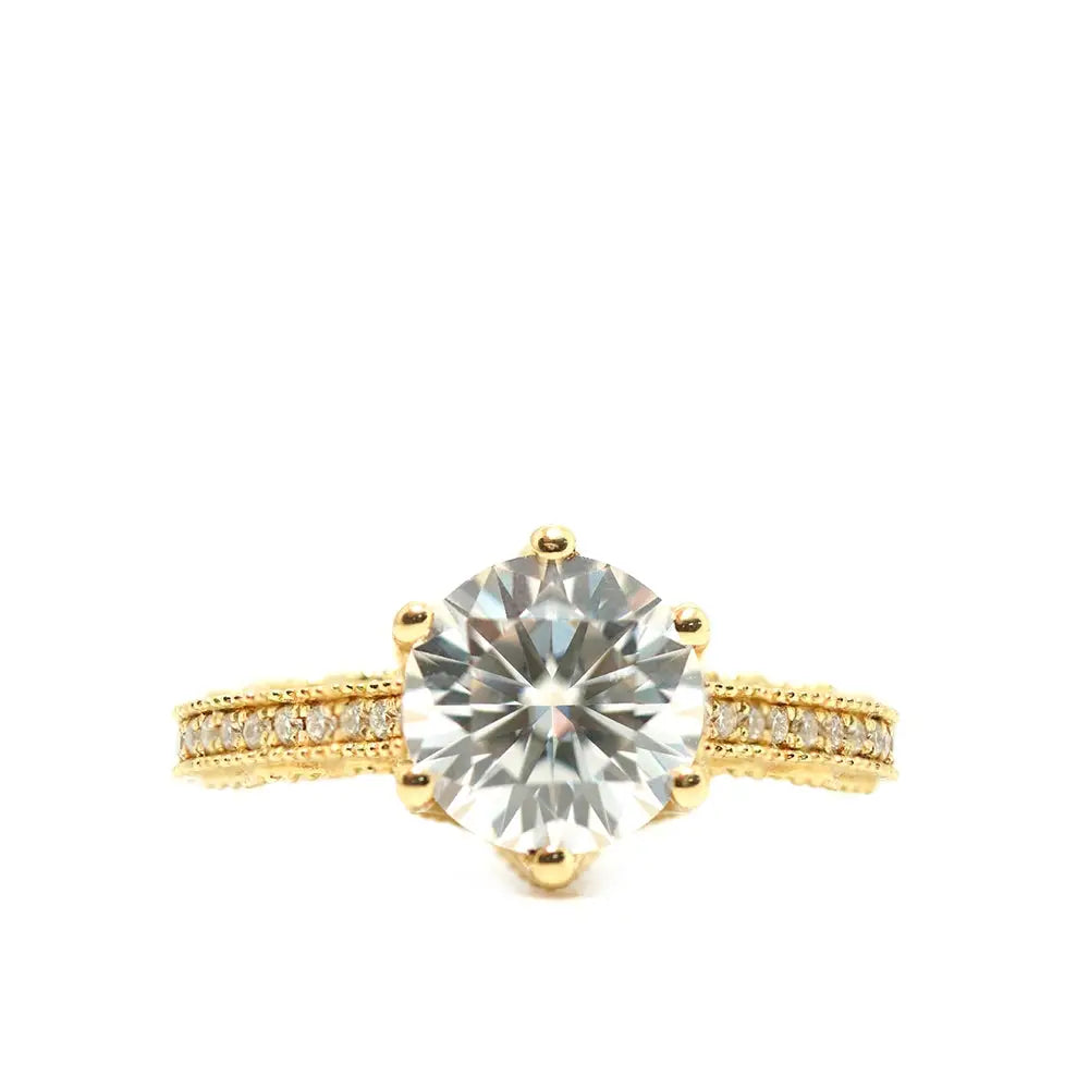 Nikola Round Moissanite Milgrain Detailed with Decorative Band Ring in 18K gold - LeCaine Gems