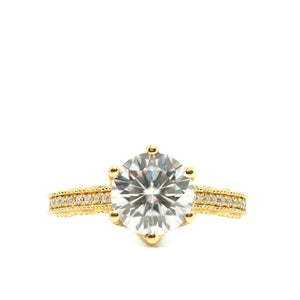 Nikola Round Moissanite Milgrain Detailed with Decorative Band Ring in 18K gold - LeCaine Gems