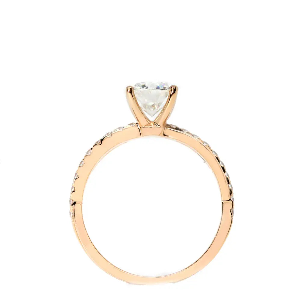 Nisha Round Moissanite with Split Pave Band Ring in 18K gold - LeCaine Gems