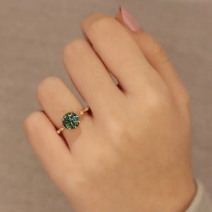 Nomiko Round Forest Green Moissanite with Decorative Band Ring in 18K gold - LeCaine Gems