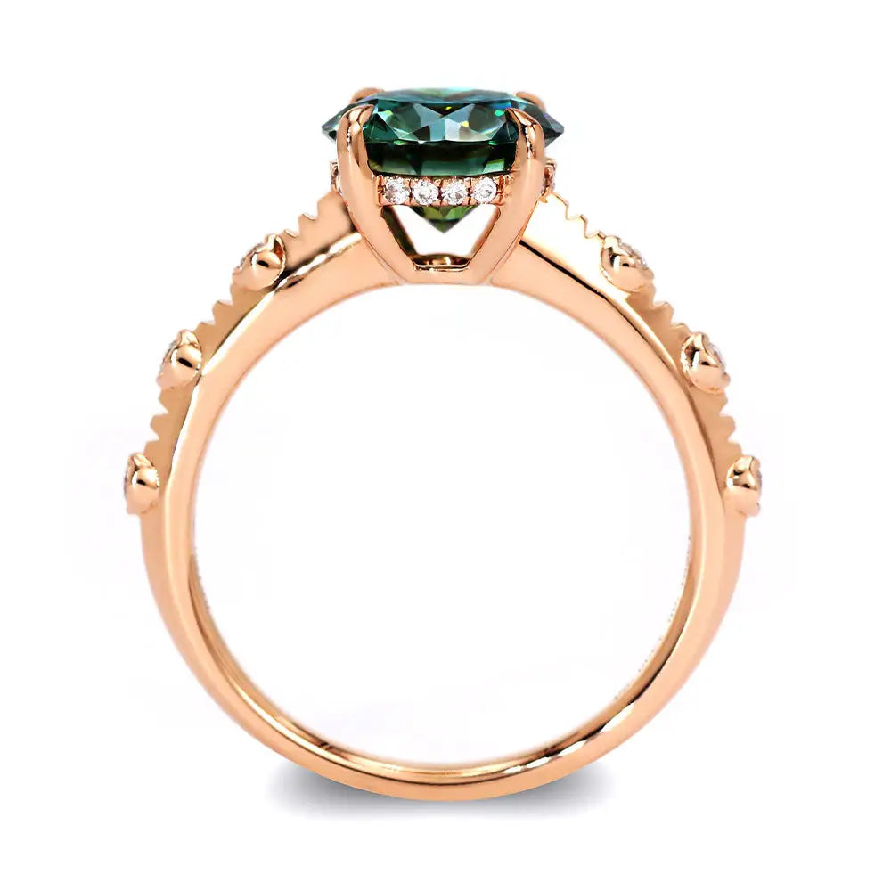 Nomiko Round Forest Green Moissanite with Decorative Band Ring in 18K gold - LeCaine Gems