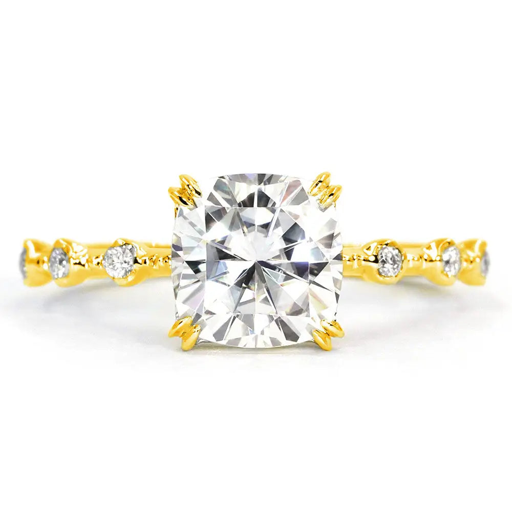 Nozomi Cushion Moissanite with Decorative Band Ring in 18K gold - LeCaine Gems