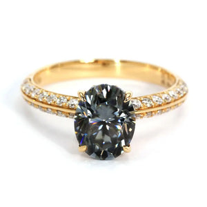 Olivia Oval Blue Grey Moissanite with Knife Edge Pave Band RIng in 18K gold - LeCaine Gems