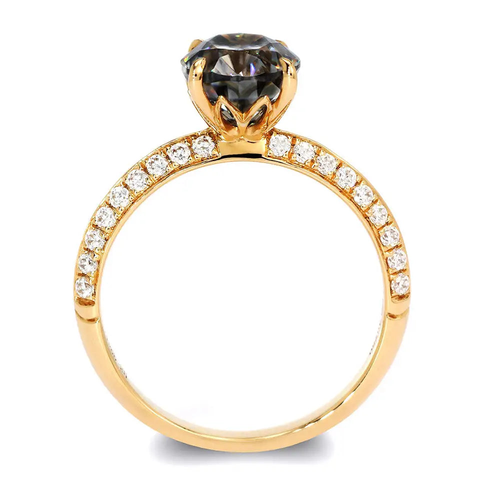 Olivia Oval Blue Grey Moissanite with Knife Edge Pave Band RIng in 18K gold - LeCaine Gems