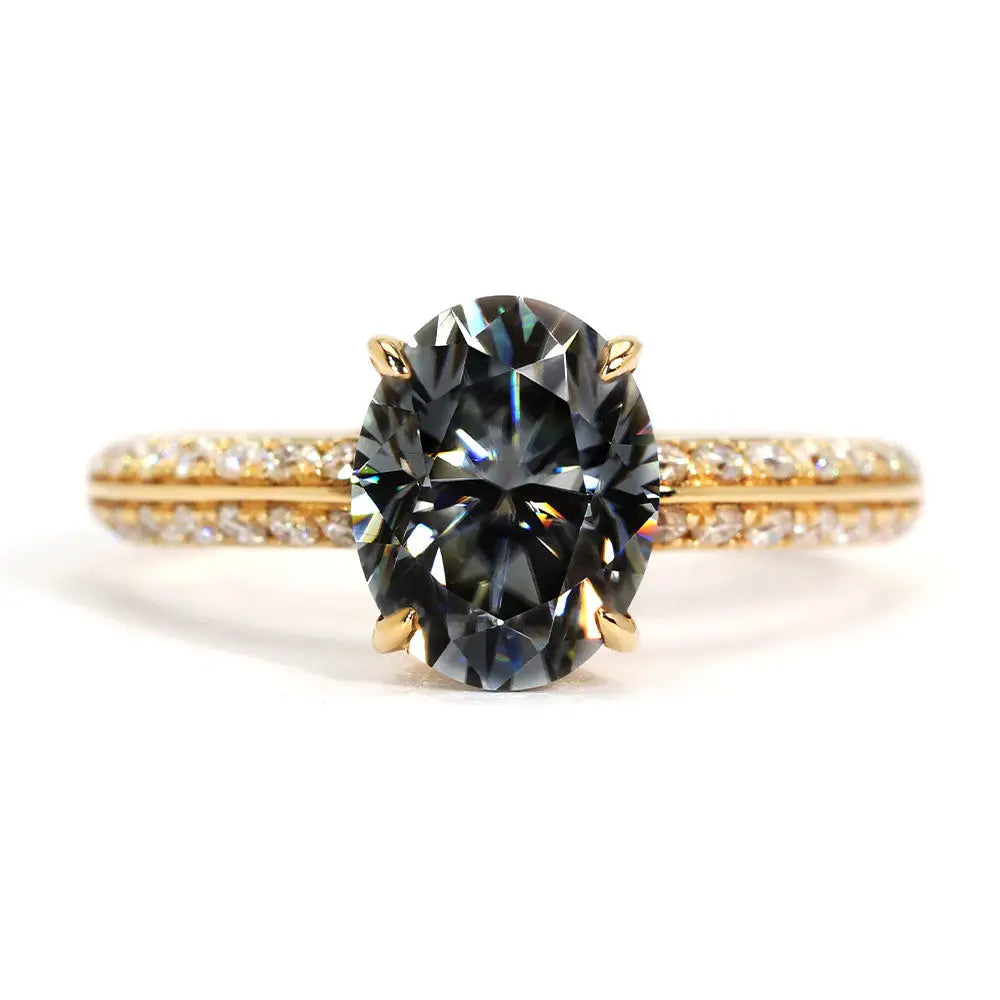 Olivia Oval Blue Grey Moissanite with Knife Edge Pave Band RIng in 18K gold - LeCaine Gems