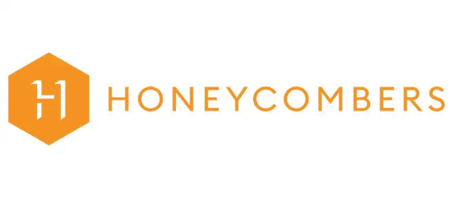 Orange hexagonal honeycomb patterned logo with gold text ’honeycombers’