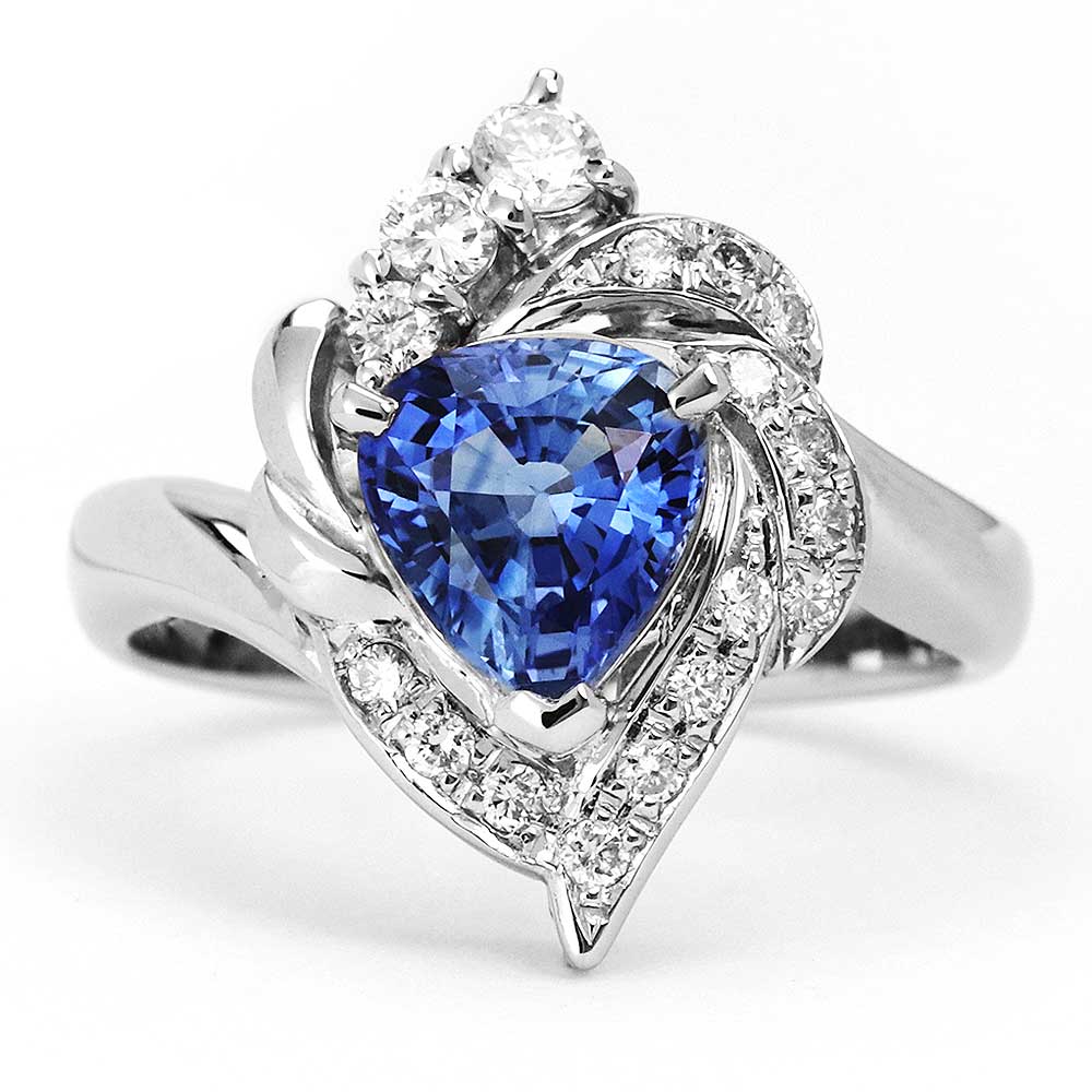 Oritsu Blue Triangular Step Cut Natural Sapphire with Diamonds in Platinum - LeCaine Gems