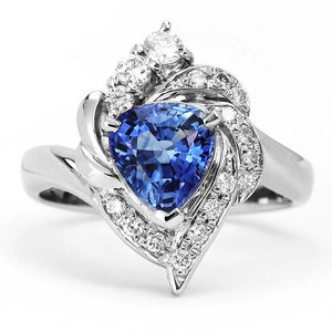 Oritsu Blue Triangular Step Cut Natural Sapphire with Diamonds in Platinum - LeCaine Gems