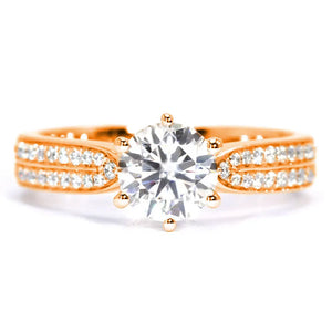 Parton Round Moissanite with Double Pave Band Ring in 18K gold - LeCaine Gems