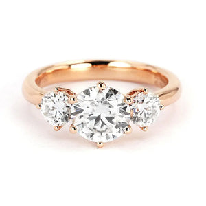 Patricia Round Moissanite with Side Stones Trilogy Ring in 18K Gold - LeCaine Gems