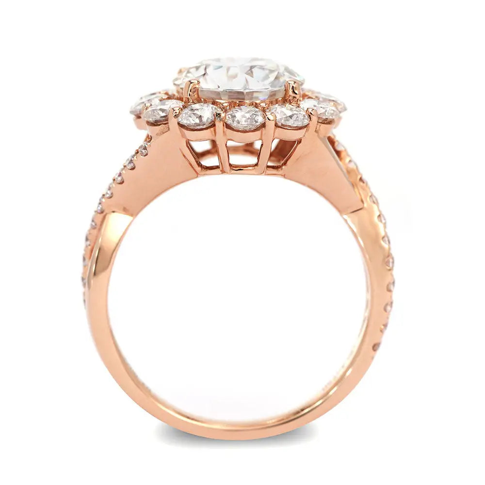 Pilar Round Moissanite with Halo with Twist Pave Band Ring in 18K gold - LeCaine Gems