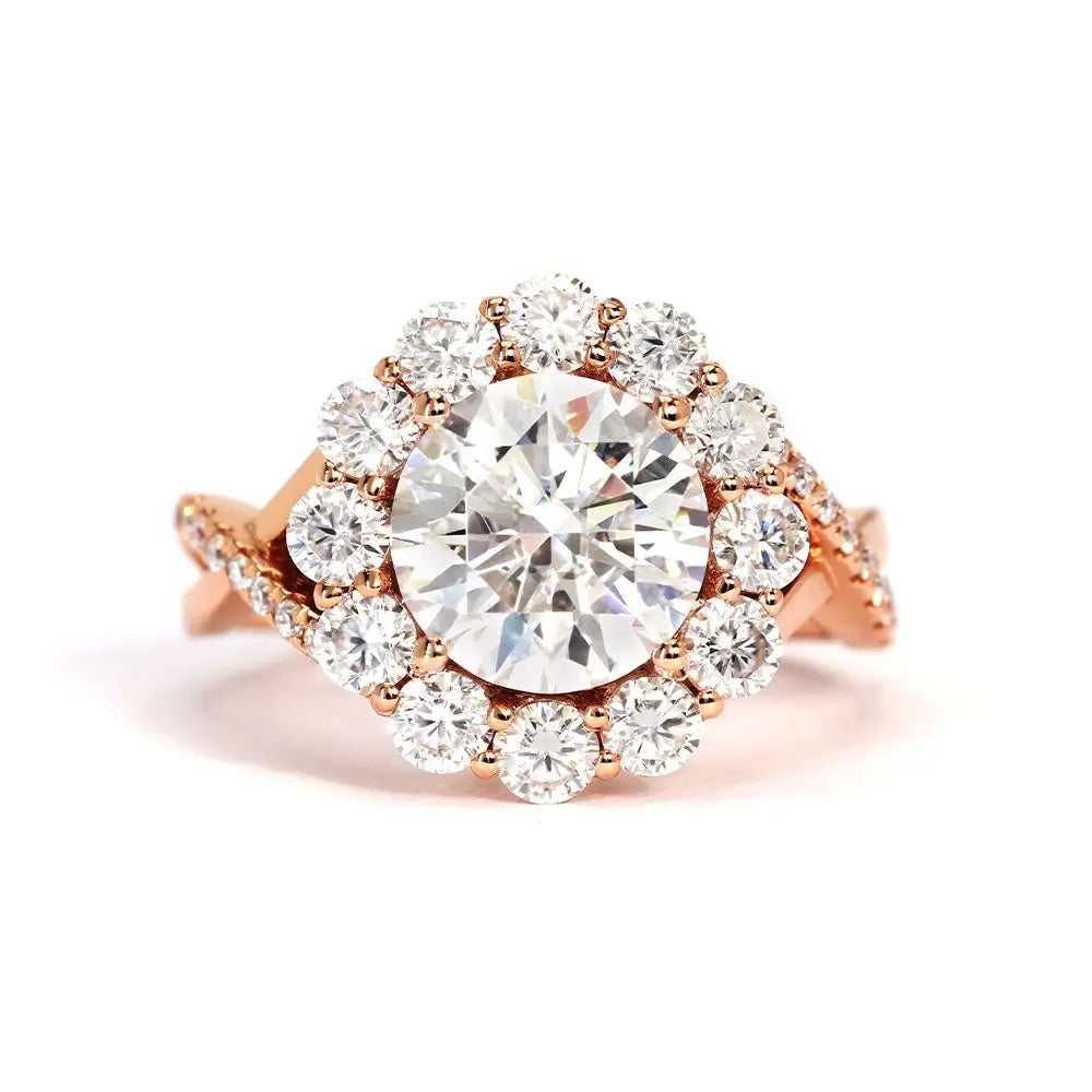 Pilar Round Moissanite with Halo with Twist Pave Band Ring in 18K gold - LeCaine Gems