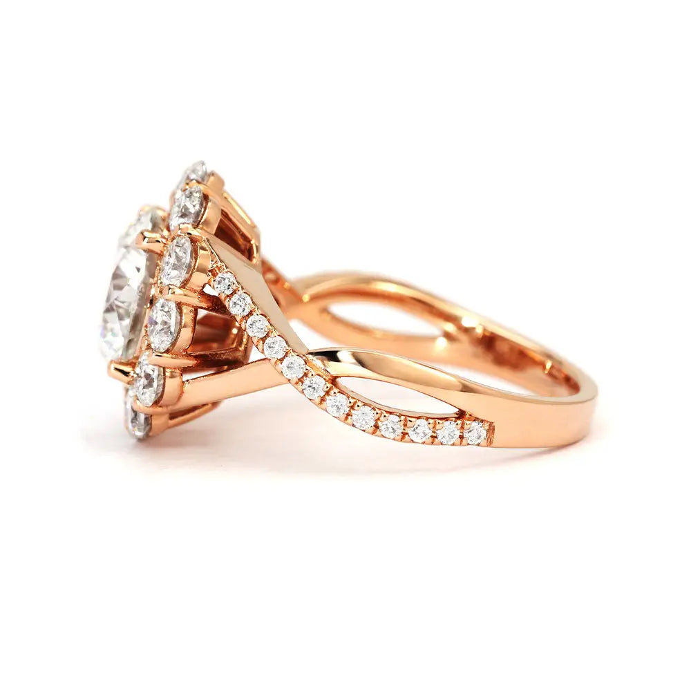 Pilar Round Moissanite with Halo with Twist Pave Band Ring in 18K gold - LeCaine Gems