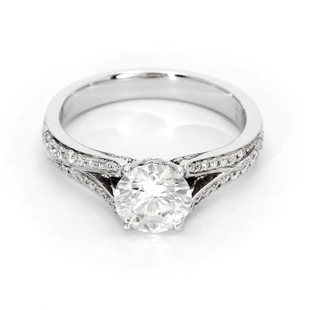 Polina Round Moissanite with Ornate Channel Set Split Shank Ring in 18K Gold - LeCaine Gems