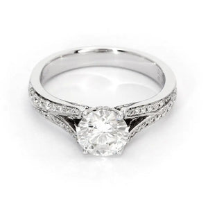 Polina Round Moissanite with Ornate Channel Set Split Shank Ring in 18K Gold - LeCaine Gems