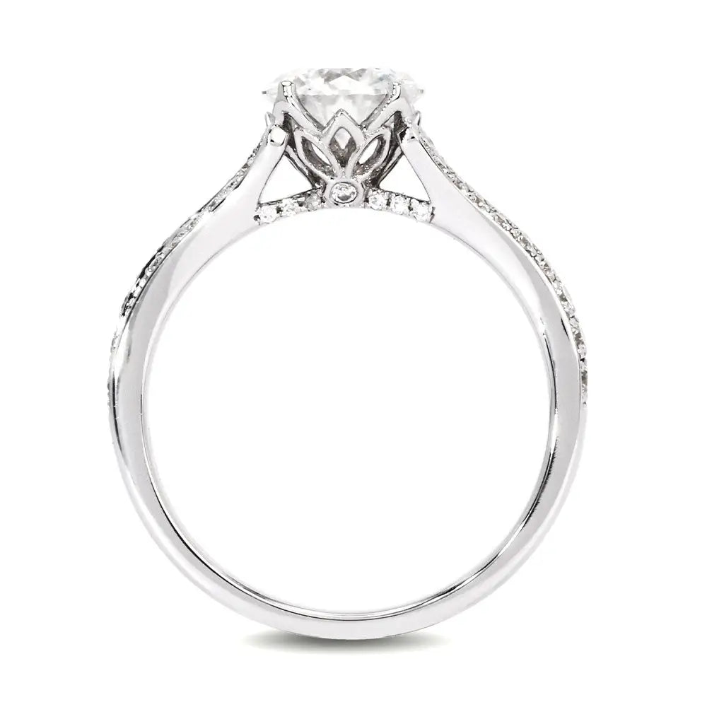 Polina Round Moissanite with Ornate Channel Set Split Shank Ring in 18K Gold - LeCaine Gems