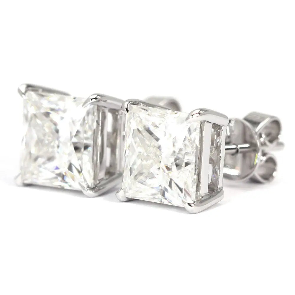 Princess Moissanite Solitaire Stud Earrings in 18K White gold - LeCaine Gems