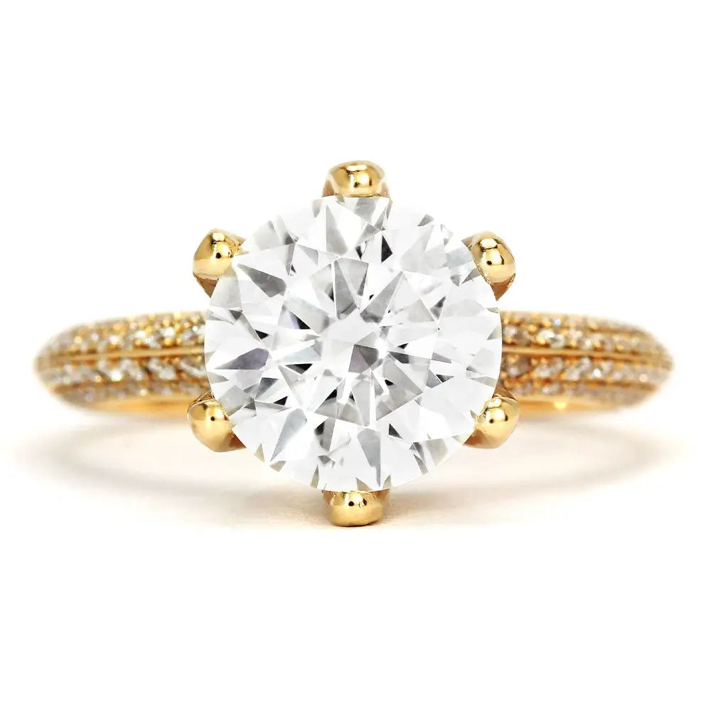 Queen Myka Round Moissanite with Knife Edge Pave Band Ring in 18K gold - LeCaine Gems