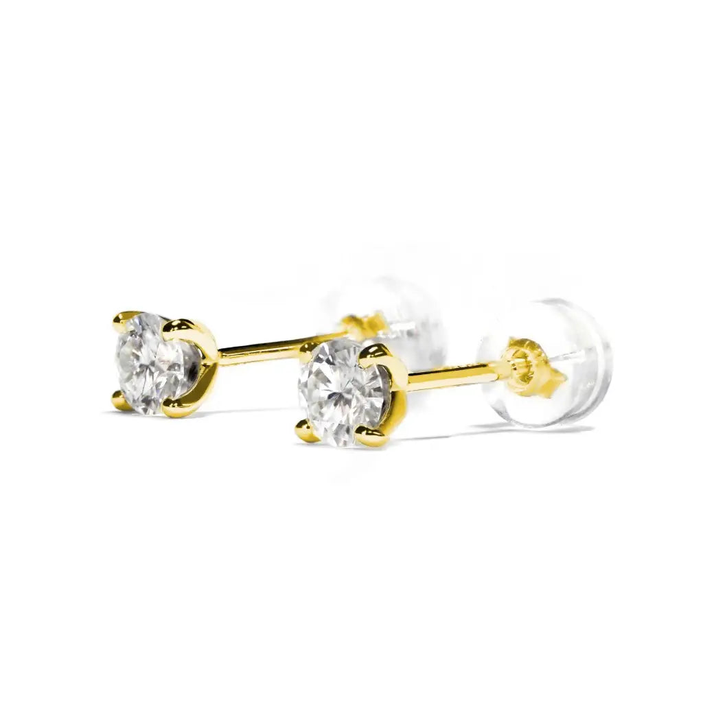 Ready-Made | 0.3 Carat Moissanite Solitaire 18K Yellow Gold Stud Earrings with Soft Silicone Gold Insert Backings - LeCaine Gems