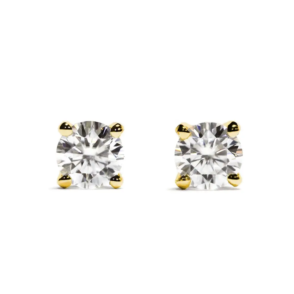 Ready-Made | 0.3 Carat Moissanite Solitaire 18K Yellow Gold Stud Earrings with Soft Silicone Gold Insert Backings - LeCaine Gems