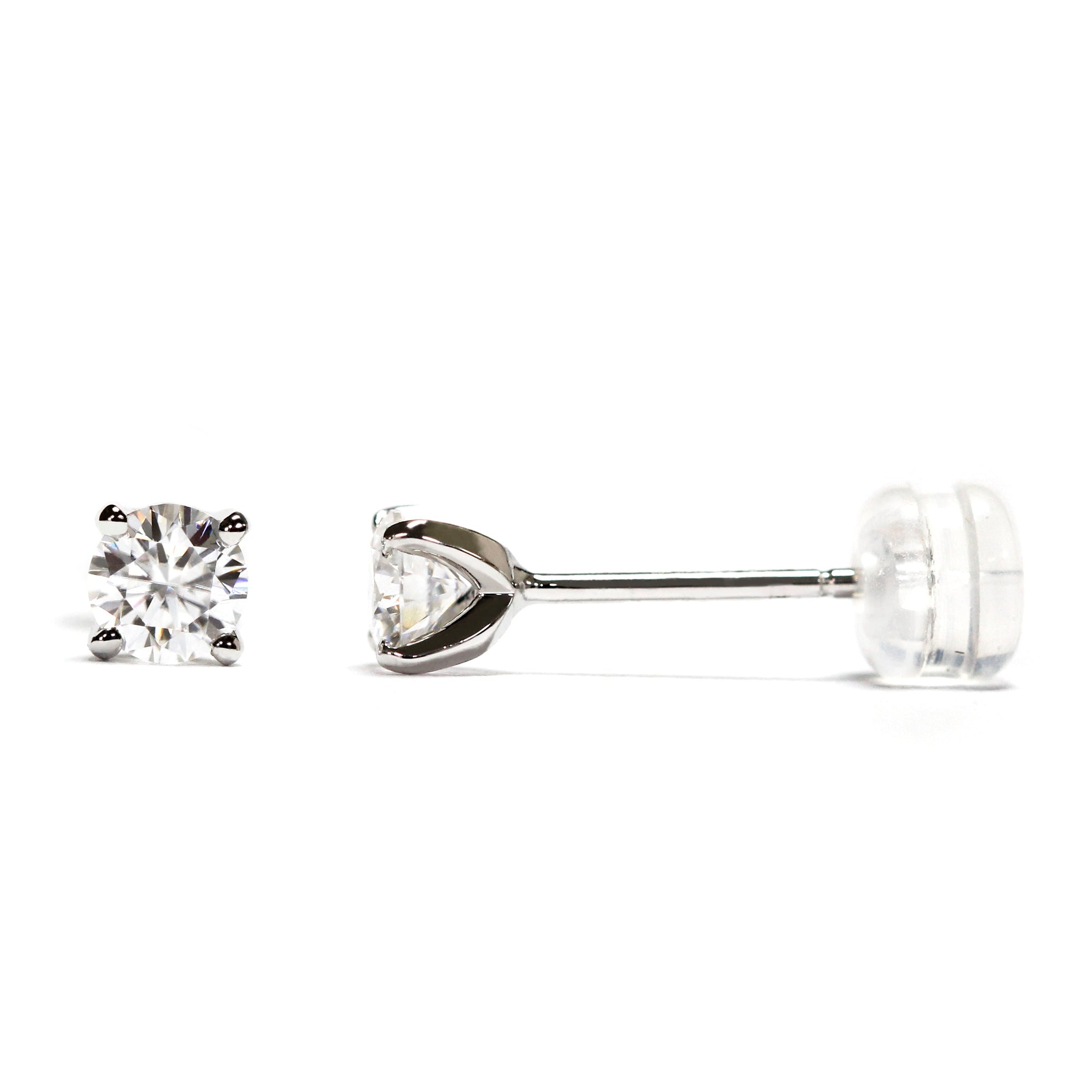 Ready Made | 0.3 Carat Round Moissanite Earrings in 18K White Gold with Soft Silicone Gold Insert Backings - LeCaine Gems