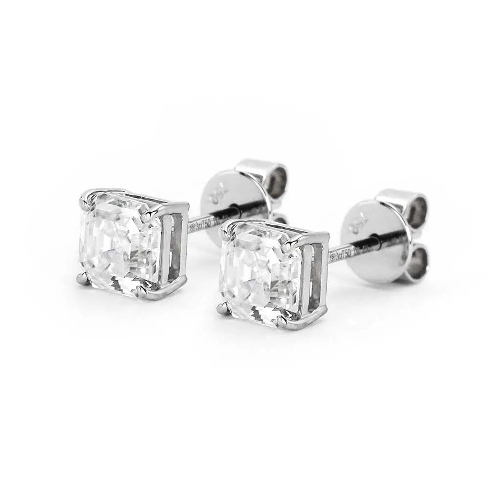 Ready Made | 0.6 Carat Asscher Moissanite 18K White Gold Stud Earrings With Basket Setting - LeCaine Gems