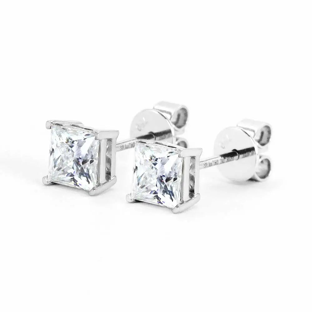 Ready Made | 0.6 Carat Princess Moissanite Solitaire Stud Earrings in 18K White Gold - LeCaine Gems